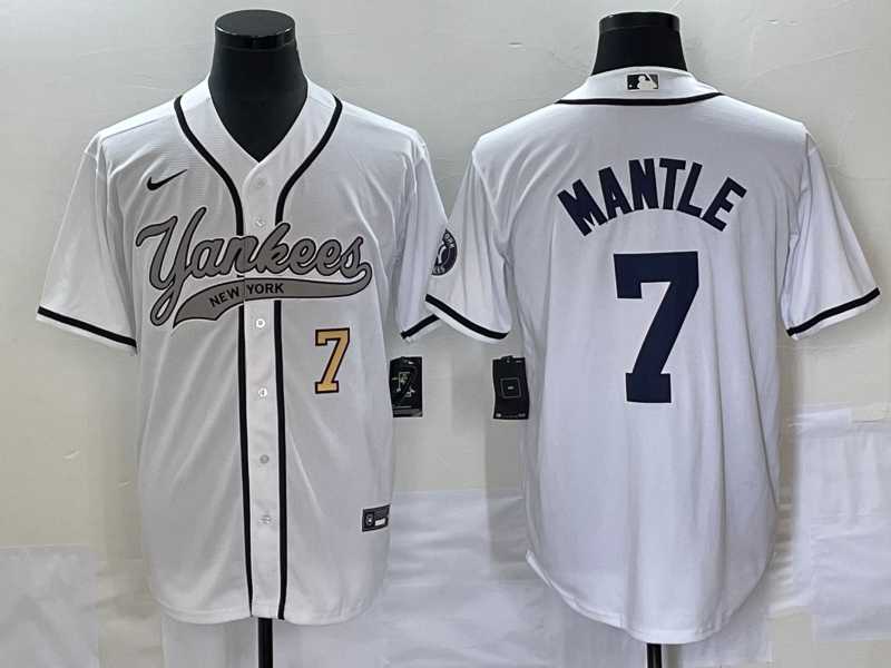 Mens New York Yankees #7 Mickey Mantle Number White With Patch Cool Base Stitched Baseball Jersey